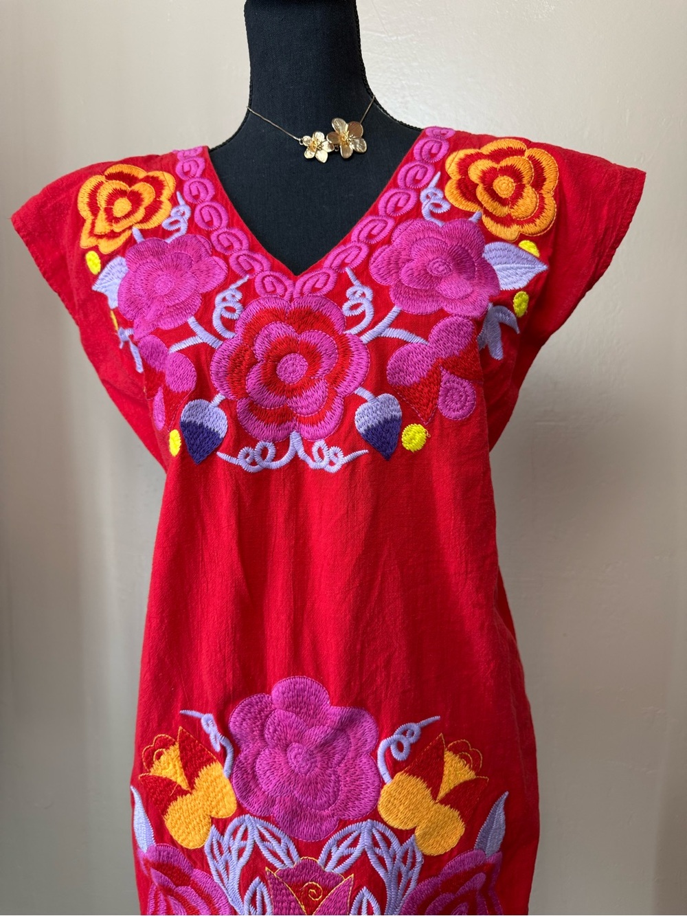 YZXDORWJ Red Mexican Floral Embroidered V-Neck Boho Tunic Shift Dress Size L